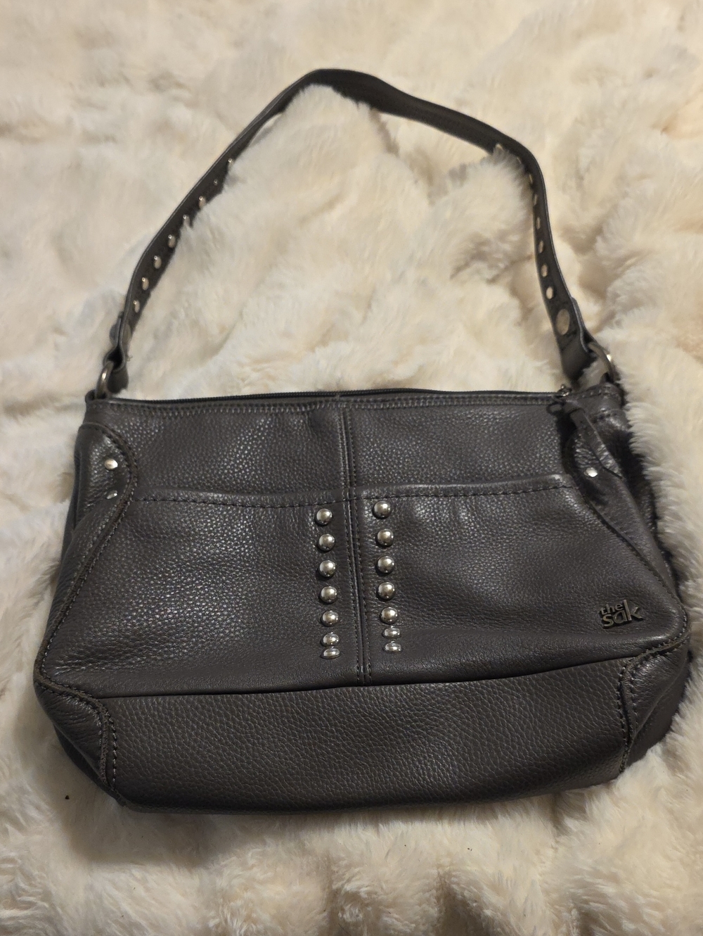 The Sak Gray Pebbled Leather Studded Shoulder Bag